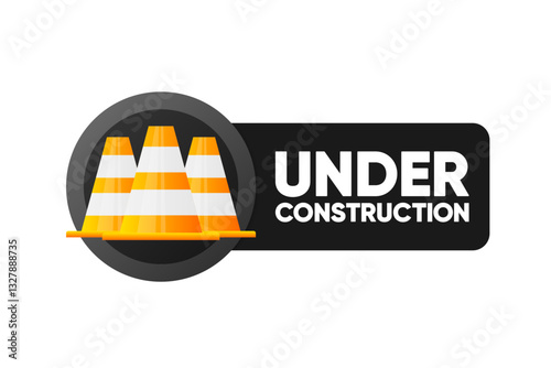 Under Construction banner. 404 error page connection. Website under maintenance badge. Vector illustration.