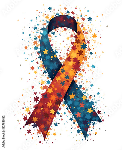 World Autism Awareness Day poster. A colorful awareness ribbon design, shaped like an intertwined ribbon with puzzle pieces. The ribbon's colors are red, orange, blue, purple, white background. 
