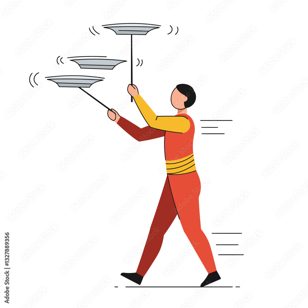 Performer juggling spinning plates in minimal flat vector art illustration