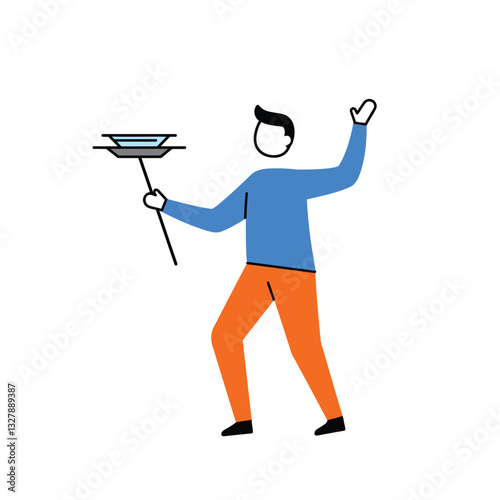 Person performing a juggling act with a plate in flat vector art