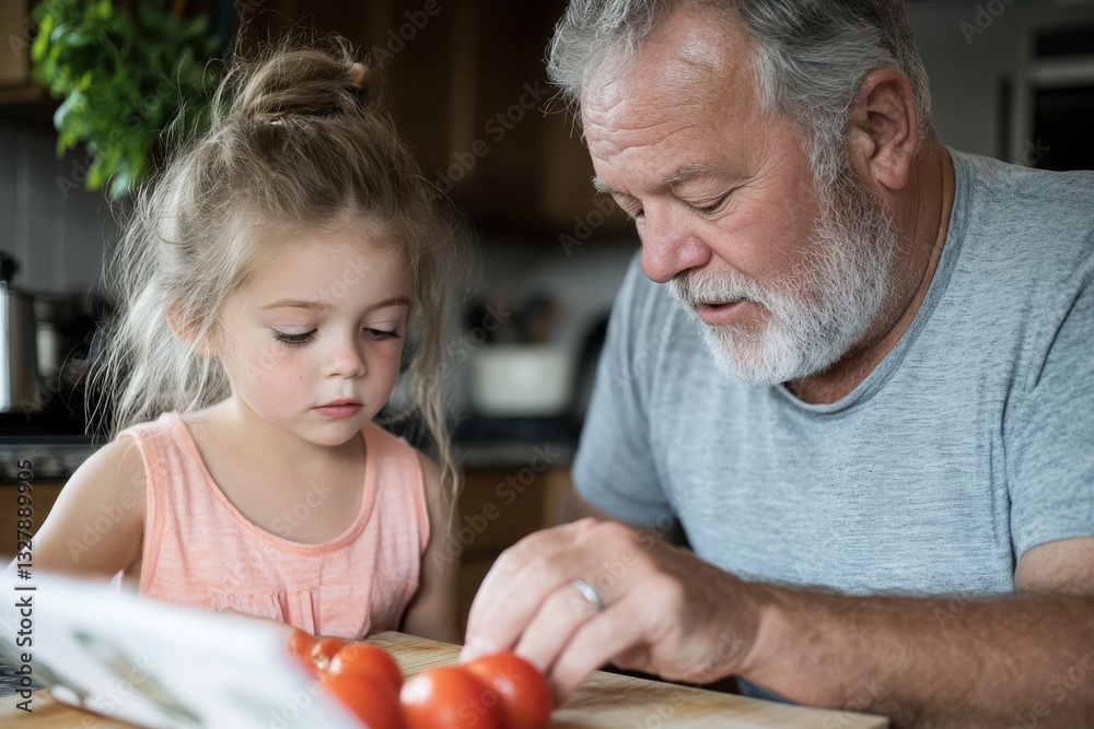 A grandfather deeply focuses on cooking with his young granddaughter, epitomizing the joy of shared culinary experiences, learning, and cherished family moments. A grandfather deeply focuses on cooking with his young granddaughter, epitomizing the joy of shared culinary experiences, learning, and cherished family moments.