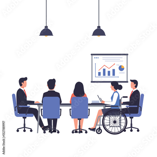 Business meeting scene with diverse participants in flat vector art style vector illustration
