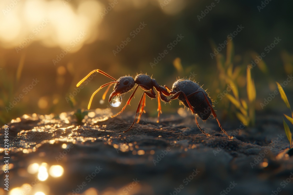 An ant carries a tiny droplet of dew on its head as it navigates through a vibrant green landscape during the early morning light Generative AI An ant carries a tiny droplet of dew on its head as it navigates through a vibrant green landscape during the early morning light Generative AI