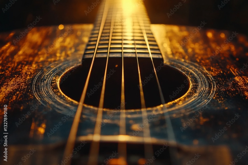 Fototapeta premium A vintage guitar rests quietly as sunlight streams through its body, highlighting its worn texture and inviting melodies. The peaceful atmosphere encourages creativity Generative AI