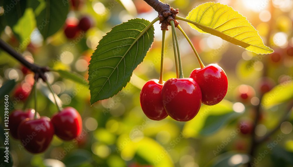 Ripened red cherries hanging on a branch against a sunlit garden background. Ripened red cherries hanging on a branch against a sunlit garden background.
