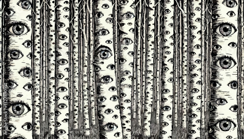 A seamless black-and-white pattern of birch tree trunks covered in surreal, staring eyes. The intricate engraving-style design creates a hypnotic, eerie forest atmosphere with a sense of mystery.