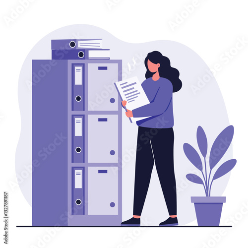 Woman organizing documents in a filing cabinet, flat vector illustration