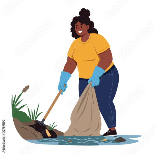 Person participating in environmental cleanup with gloves and a bag in flat vector art