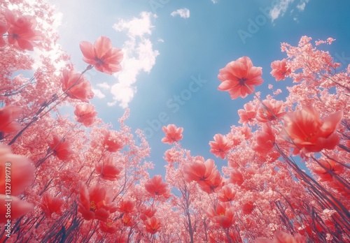 Dreamy Pink Flower Field Under Bright Blue Sky with Fluffy Clouds and Sunlight Casting a Soft Glow on Petals in a Serene Landscape Scene
