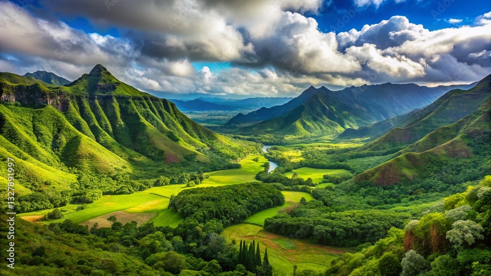 Fototapeta premium Kauai Panoramic: Lush Valley & Majestic Mountains - Candid Photography
