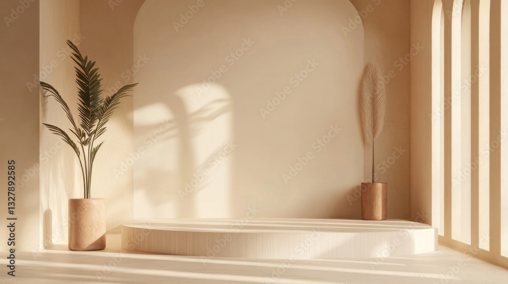 Fototapeta premium Beige Minimalist Interior Room with Product Display Platform