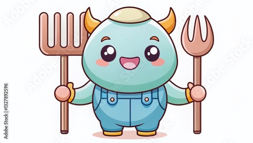 Kawaii Monster Farmer Clipart: Cute Farm Monster in Overalls with Pitchfork