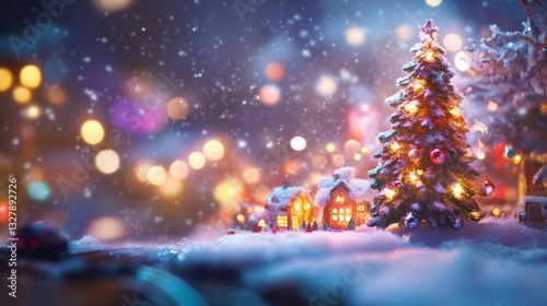 Magical Christmas Village with Illuminated Tree and Snowy Landscape