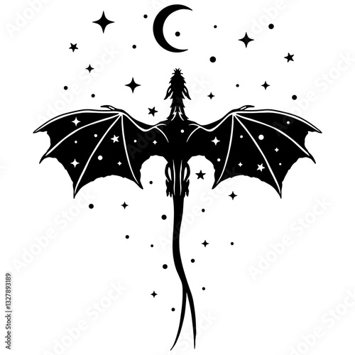 Mystical dragon silhouette with wide wings, moon, and stars. Black and white fantasy vector illustration for tattoos,cut file, prints, and digital designs. Boho style