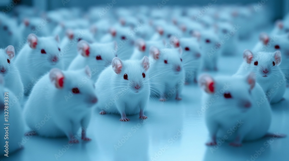 Numerous White Mice in a Sterile Blue Laboratory Setting
