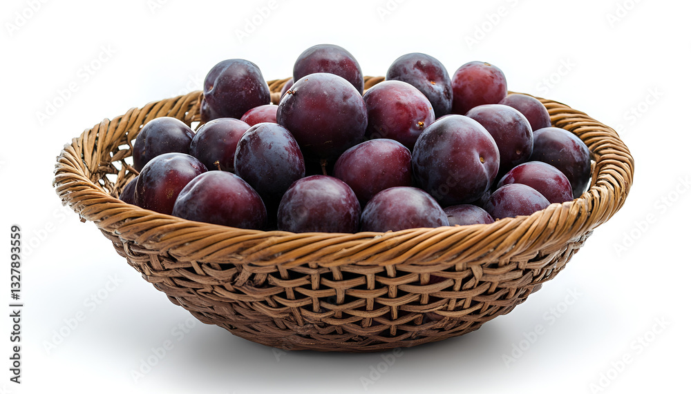 Fresh ripe plums in wicker bowl isolated on white Fresh ripe plums in wicker bowl isolated on white