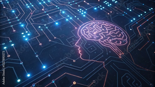 Artistic representation of a brain on a circuit board illustrating the integration of technology and thought