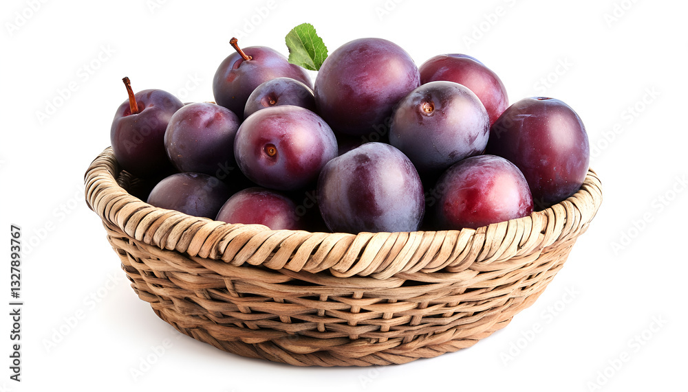 Fresh ripe plums in wicker bowl isolated on white Fresh ripe plums in wicker bowl isolated on white