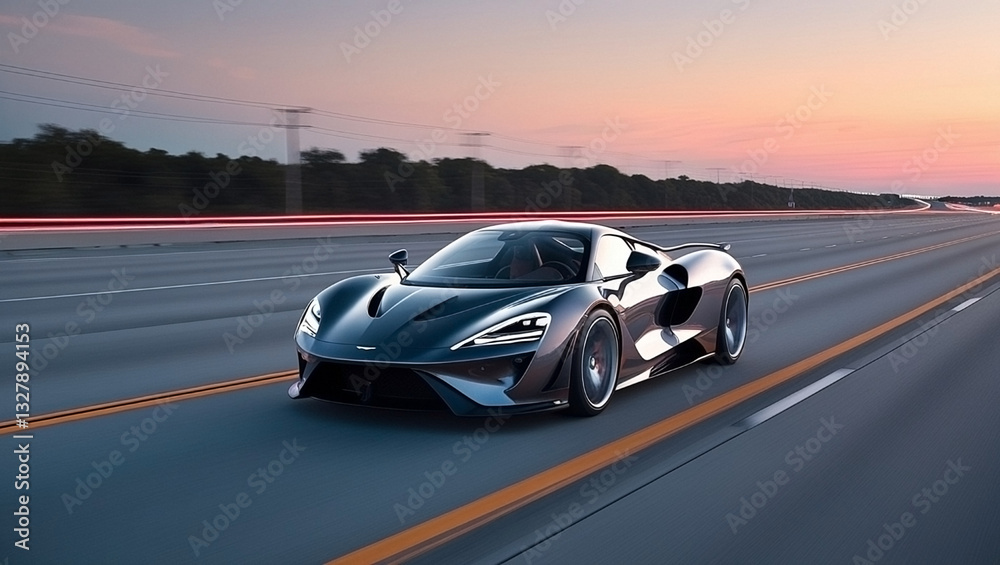 Naklejka premium A sleek, futuristic supercar speeding down an empty highway at sunset, with glowing neon lights along the road. The car features a glossy metallic finish with sharp aerodynamic lines, capturing the es