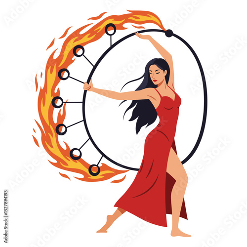 Woman performing with fiery hula hoop in minimal vector illustration style
