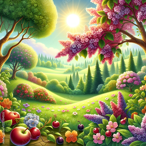 Lush green hills are adorned with vibrant flowers and fruit trees. A warm sunlight bathes the peaceful scenery, creating a serene atmosphere of springtime delight.