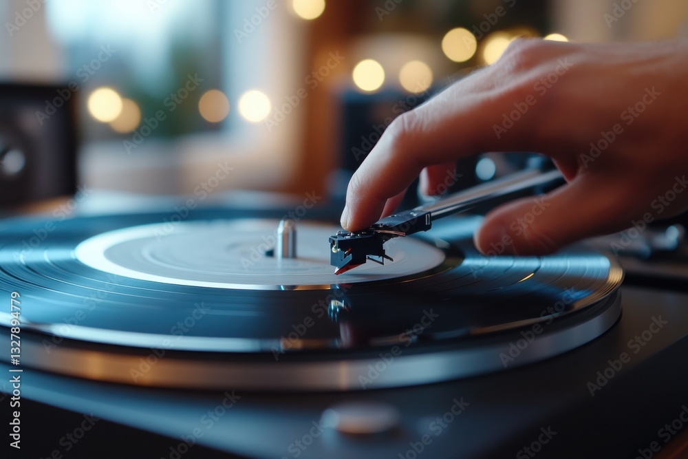 This image captures a hand gently placing the needle on a vinyl record, symbolizing a moment of anticipation and connection to the music in a cozy atmosphere. This image captures a hand gently placing the needle on a vinyl record, symbolizing a moment of anticipation and connection to the music in a cozy atmosphere.