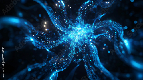 A mesmerizing abstract design featuring swirling blue strands and luminous particles against a dark background, evoking a sense of depth and motion.