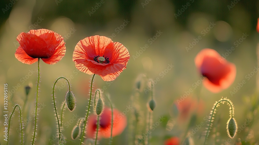 Fototapeta premium A field brimming with vibrant red blossoms surrounds a ladybug in the center, set against a hazy backdrop