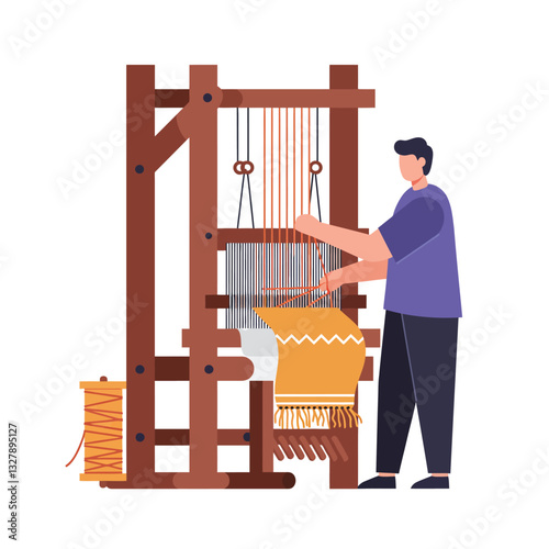 Weaver crafting textiles with loom in flat design vector art