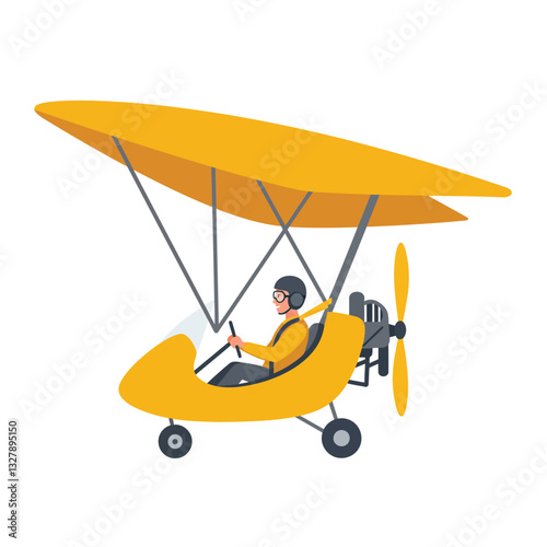 Yellow ultralight aircraft in flight with pilot detailed vector illustration
