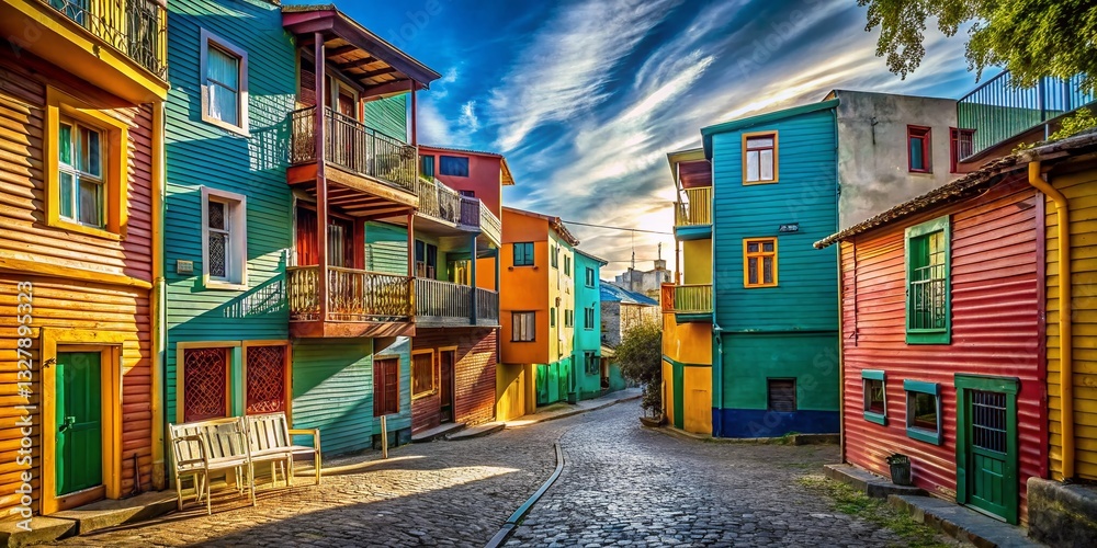 Fototapeta premium La Boca Caminito Street Art: Vibrant Colorful Houses, Narrow Alleyways, Buenos Aires Argentina