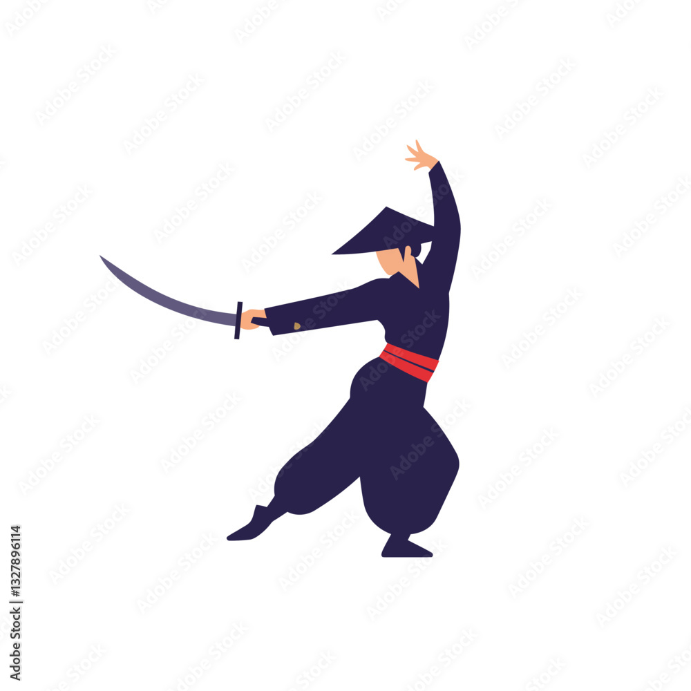 Fototapeta premium Dynamic samurai character in action pose with flat design style vector art
