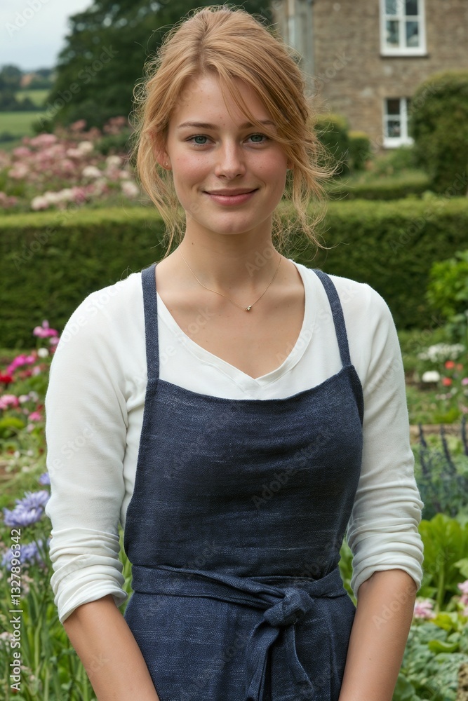 Smiling young woman in apron standing in garden Smiling young woman in apron standing in garden