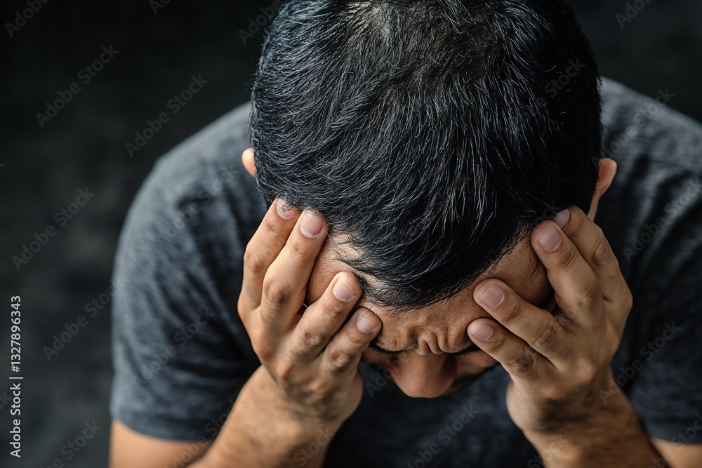 Fototapeta premium Stressed man covering face with hands in dark setting