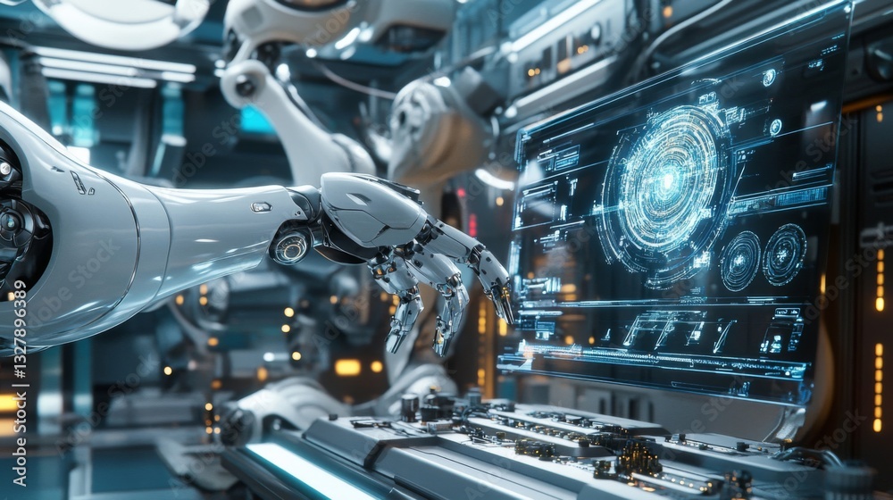 Robotic Arm Interacting with Futuristic Digital Interface Robotic Arm Interacting with Futuristic Digital Interface