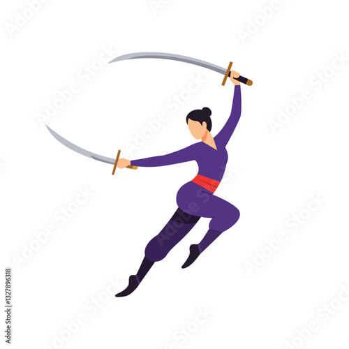 Dynamic female warrior in purple outfit performing martial arts in flat vector art