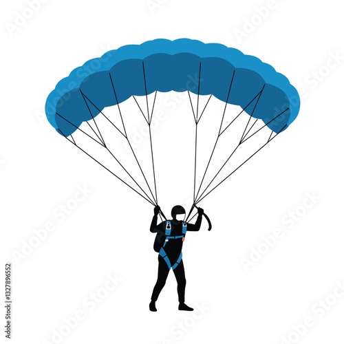 Parachutist descending gracefully with blue canopy in flat vector art style