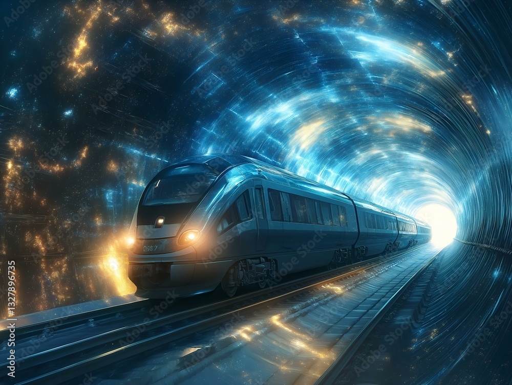 Naklejka premium high speed train speeding through a cosmic tunnel, nebula and stars