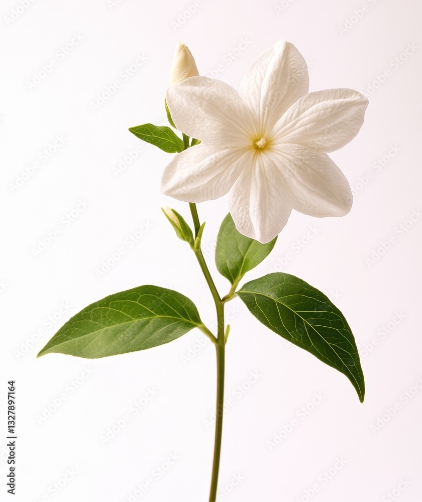 Fototapeta premium Elegant White Flower with Green Leaves on a Simple Background Emphasizing Natural Beauty and Delicate Petals for Floral Designs