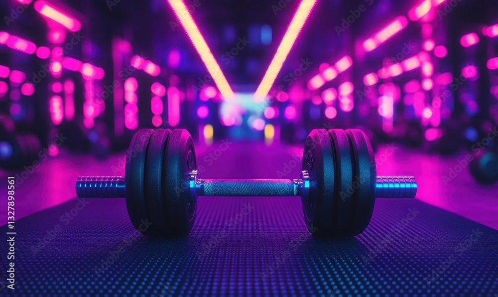 Fototapeta premium Dumbbell on mat in neon-lit gym, ready for workout