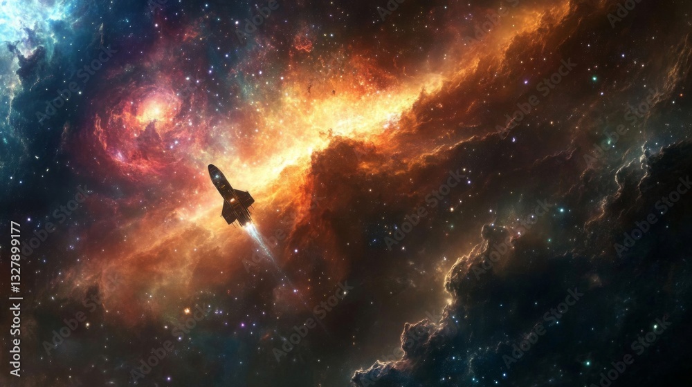 Obraz premium Spaceship Navigating Vibrant Nebula in Deep Space