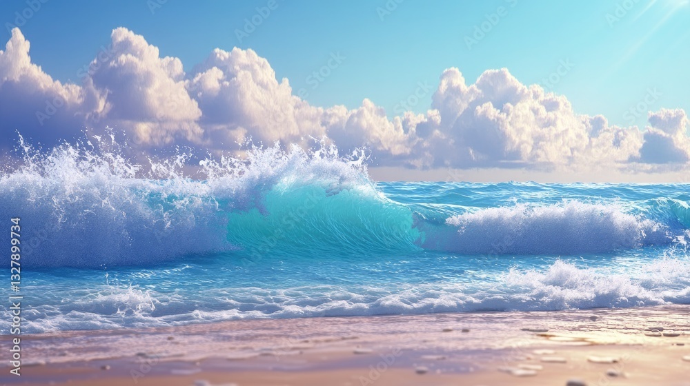 Fototapeta premium Ocean Wave Crashing on Sandy Beach Under a Sunny Sky