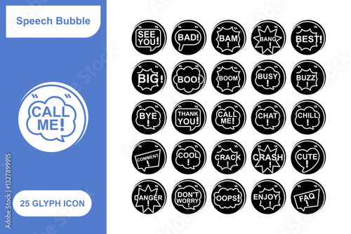 Speech Bubble Sticker Glyph con Set, Collection of 25 Speech Bubble Sticker Glyph Icon Set – 25 Chat, Message, and Talk Icons