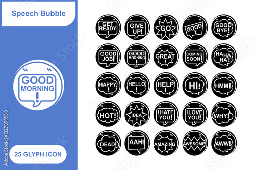 Speech Bubble Sticker Glyph con Set, Collection of 25 Speech Bubble Sticker Glyph Icon Set – 25 Chat, Message, and Talk Icons