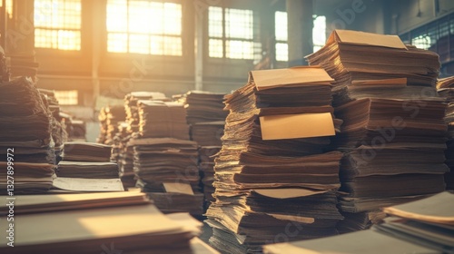 Stacks of Untidy Paper Comprising Office Documents in Warehouse Space