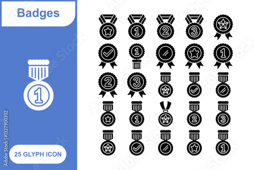 Medals and Awards Glyph Icon Set, Collection of 25 Medals and Awards Glyph Icon Set – 25 Trophy, Winner, and Achievement Icons – 25 Trophy, Winner, and Achievement Icons