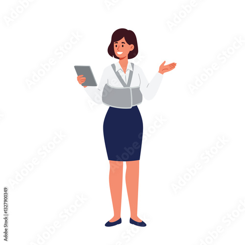 Woman with microphone presenting information in flat vector illustration style