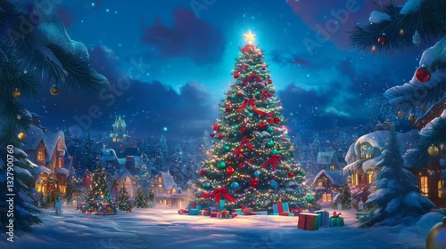 Luminous Christmas Tree in Snowy Village at Night