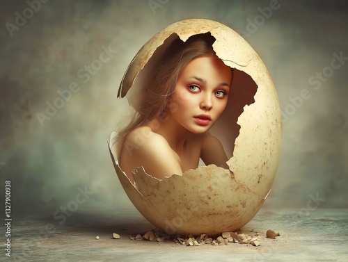 surreal portrait, woman emerging from eggshell, soft lighting