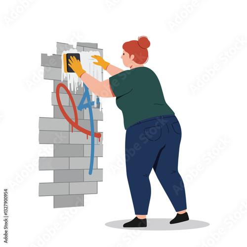 Artist painting colorful mural with roller in flat vector illustration